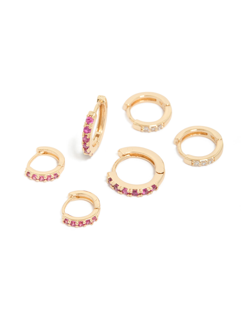 Showcasing gold dark pink cubic zirconia huggie earrings in a 3-pack front view