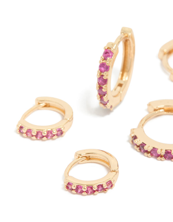 Gold Dark Pink Cubic Zirconia Huggie Earrings 3-Pack
