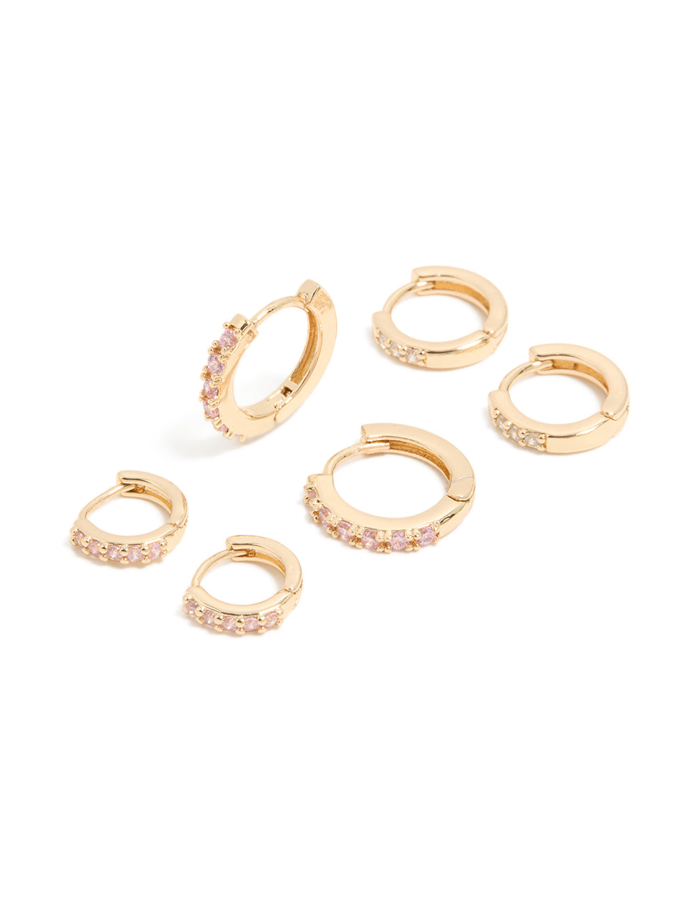 Showcasing gold light pink cubic zirconia simple earrings in a 3-pack with huggie closure front view