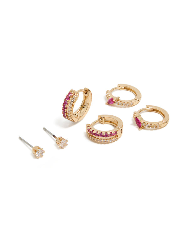 Gold Hot Pink Cubic Zirconia Hoop & Stud Earrings 3-Pack