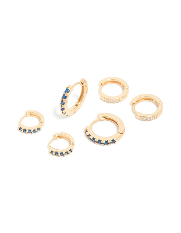 Gold Clear & Sapphire Cubic Zirconia Huggie Earrings 3-Pack