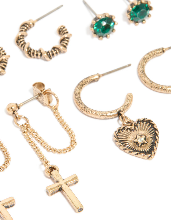 Antique Gold Chain Cross & Heart Earrings 6-Pack