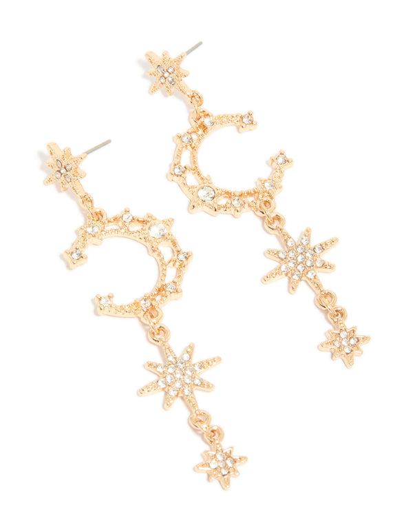 Explore gold diamante featuring moon and star celestial drop earrings statement design front view