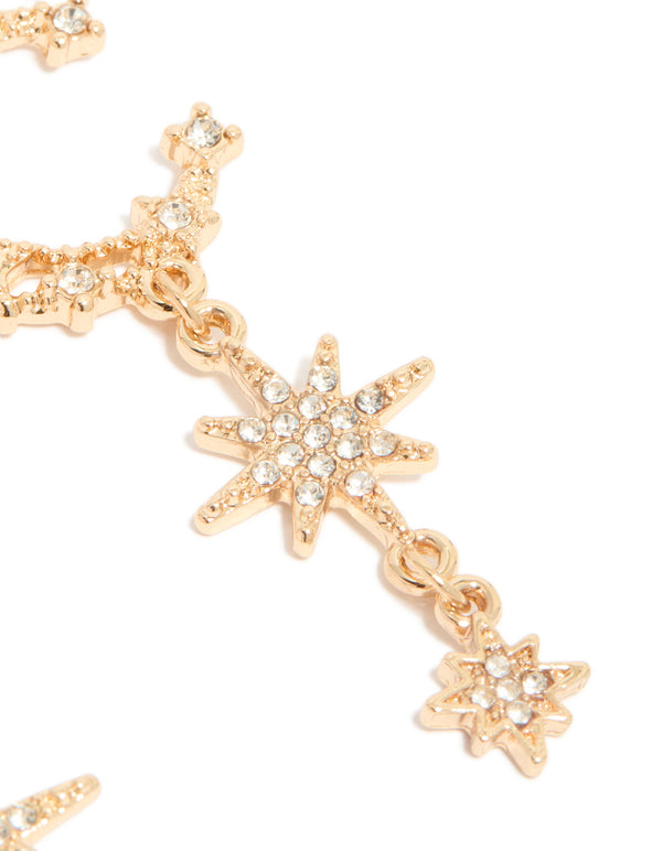 Highlighting gold diamante featuring moon and star celestial drop earrings statement design post detail view