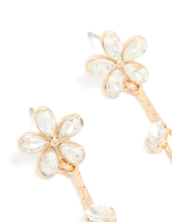Gold Diamante Flower Chain Drop Earrings