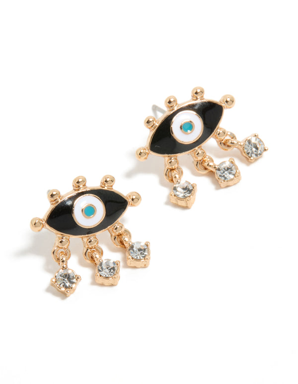 Showcasing gold evil eye stud earrings with charm and dark turquoise accents front view