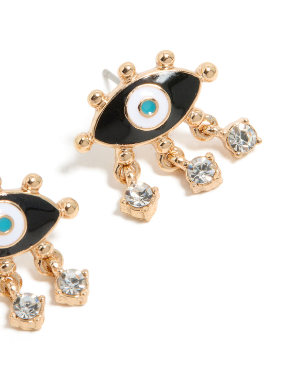 Crafted from gold with evil eye charm design, stud earrings in dark turquoise and white post detail view