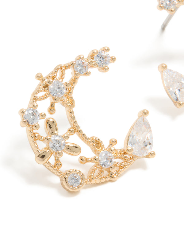 Gold Cubic Zirconia Celestial Moon Stud Earrings