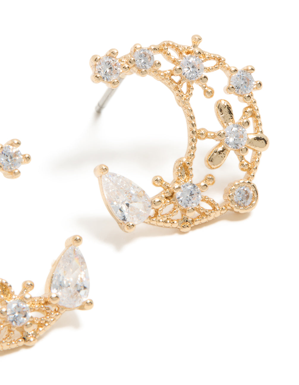 Crafted with dainty celestial moon design in gold featuring cubic zirconia post detail view
