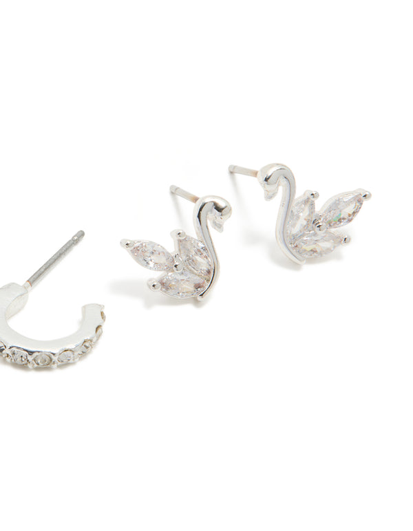 Silver Swan Stud & Classic Stud Earrings 3-Pack