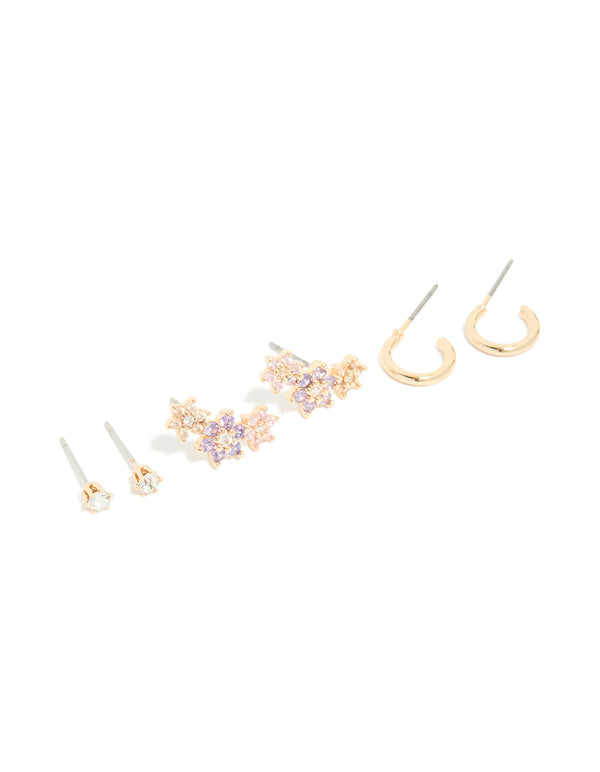 Showcasing gold cubic zirconia flower stud and hoop earrings in a 3-pack with floral pattern featuring crystal, lavender, light pink, and silver accents front view