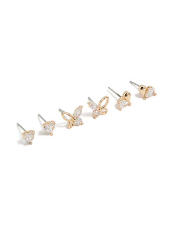 Gold Cubic Zirconia Butterfly & Heart Stud Earrings 3-Pack