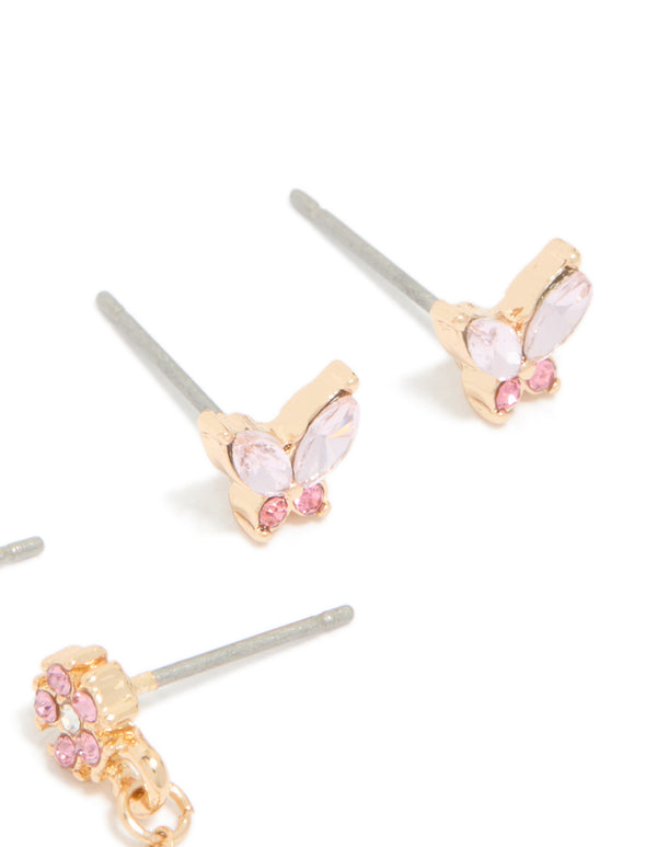 Gold Diamante Butterfly & Chain Earrings Pack