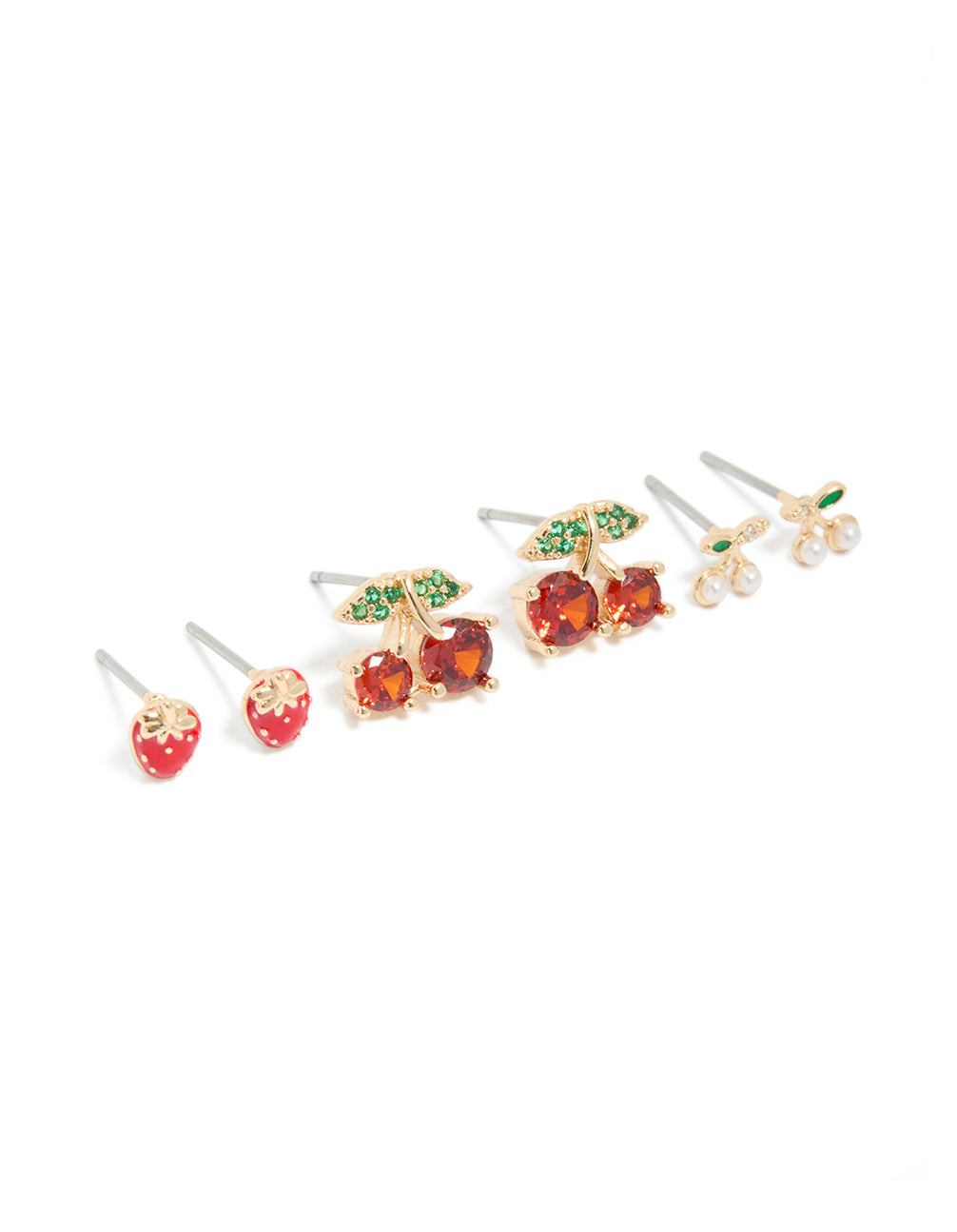 Showcasing gold strawberry and cherries earrings in a 3-pack featuring fruit, leaf and pearl accents with stud closure in red, green, and white front view