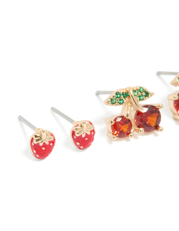 Gold Strawberry & Cherries Earrings 3-Pack