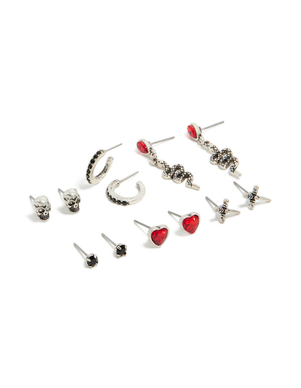 Silver Bow Skull & Cross Earrings 6 Pack
