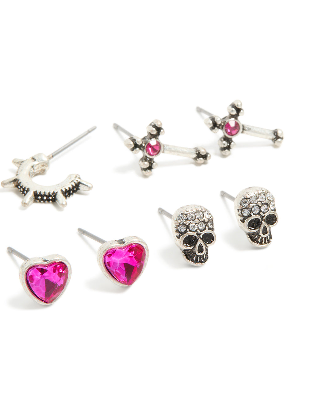 Featuring silver bow, heart and cross earrings 6-pack stud closures in fuchsia, black and white hues front view