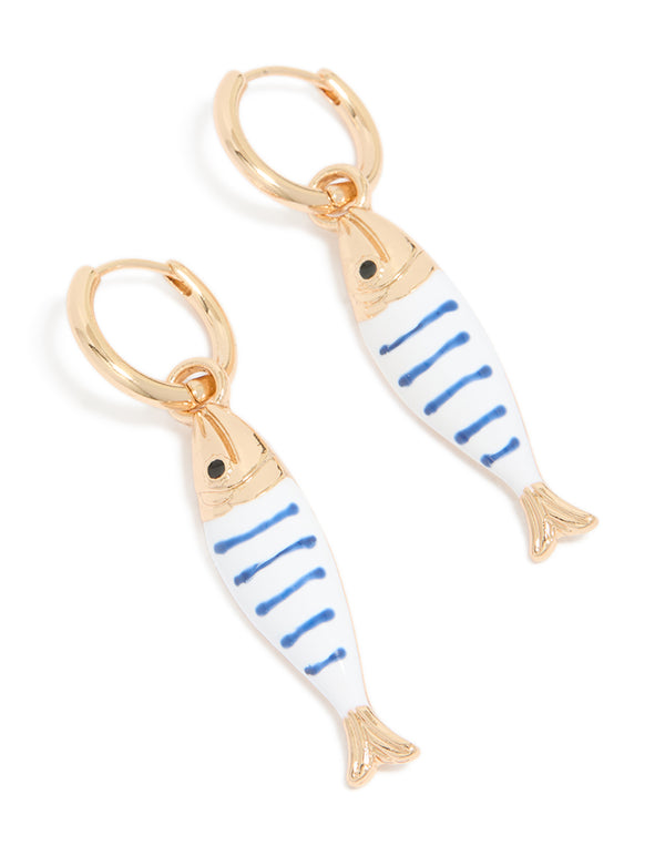 Designed with an ocean theme, these statement fish huggie earrings feature a striped pattern, front view