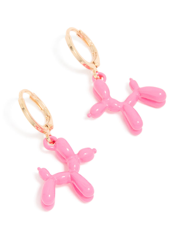 Gold Pink Balloon Dog Huggie Earrings