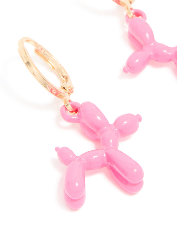 Gold Pink Balloon Dog Huggie Earrings