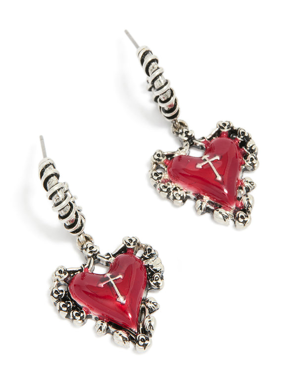 Silver Gothic Red Heart Charm Huggie Earrings