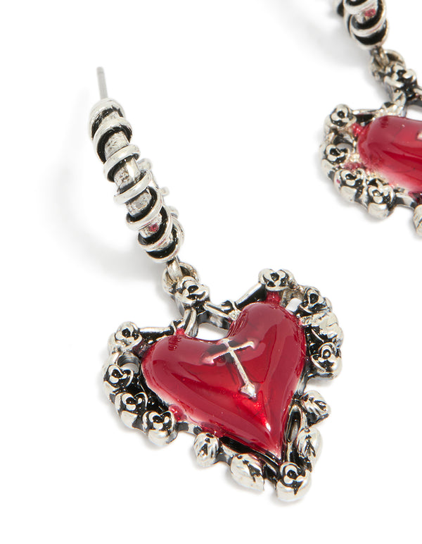 Silver Gothic Red Heart Charm Huggie Earrings
