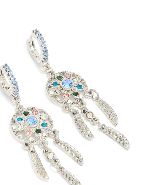 Silver Diamante Dreamcatcher Huggie Earrings