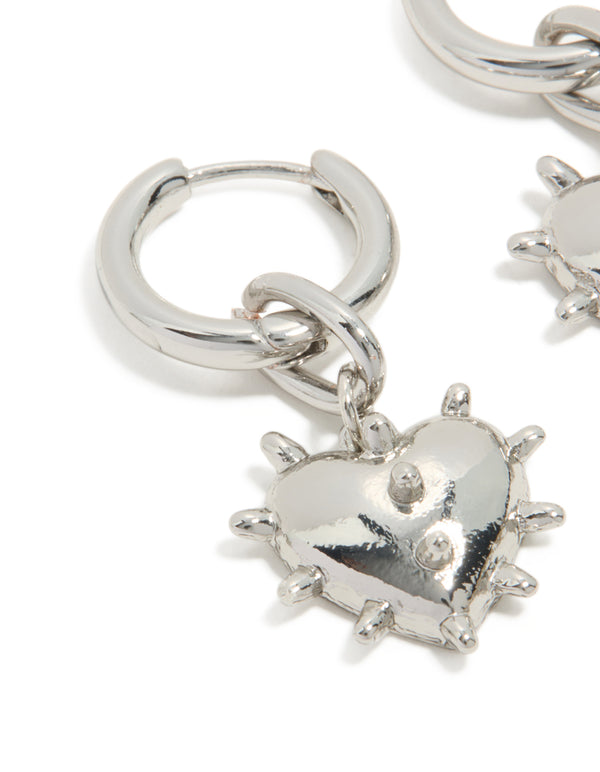 Silver Heart Spike Huggie Earrings