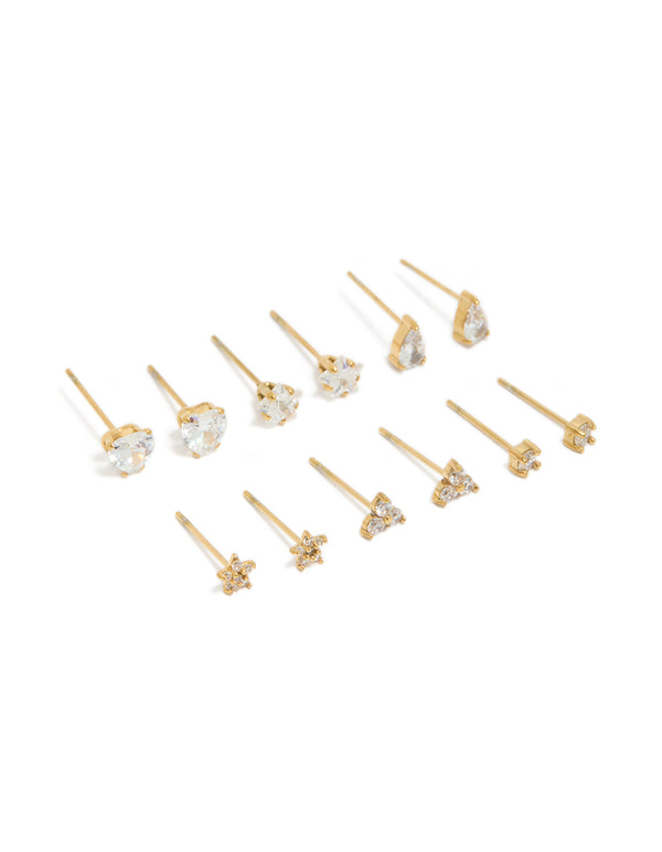 Presenting a dainty waterproof stainless steel set featuring star accents and crystal embellishments with cubic zirconia, in gold plated stud closure front view