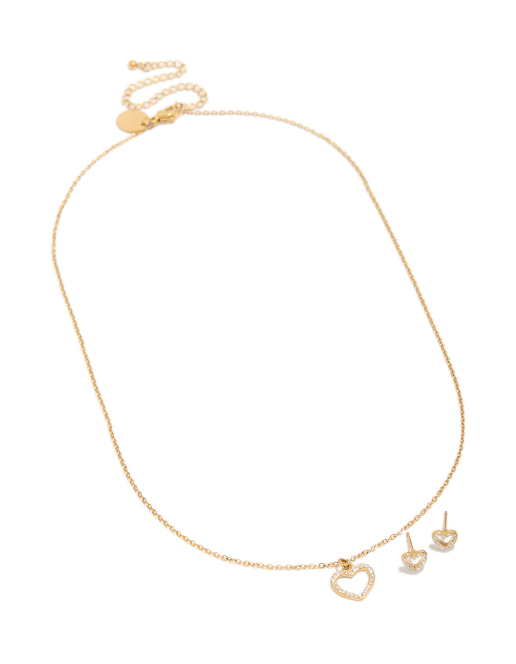 Waterproof Gold Plated Stainless Steel Cubic Zirconia Heart Necklace & Earrings Set