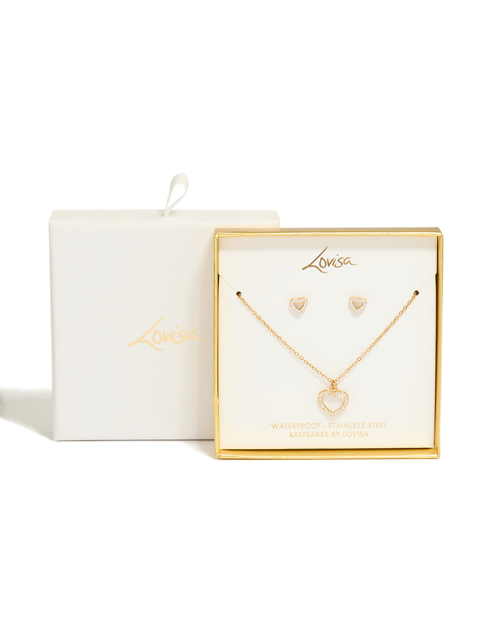 Waterproof Gold Plated Stainless Steel Cubic Zirconia Heart Necklace & Earrings Set