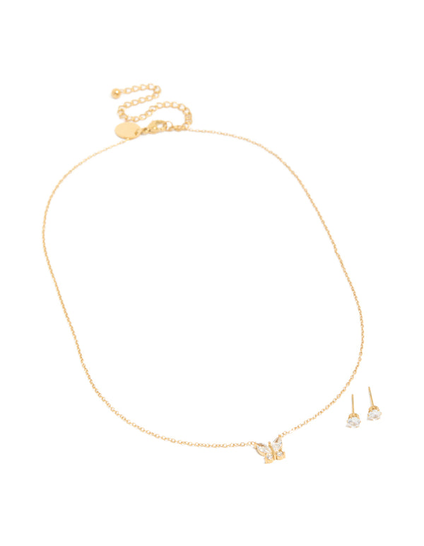 Waterproof Gold Plated Stainless Steel Cubic Zirconia Butterfly Necklace & Earrings Set