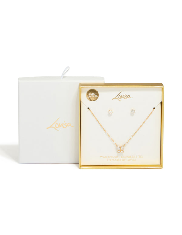 Waterproof Gold Plated Stainless Steel Cubic Zirconia Butterfly Necklace & Earrings Set