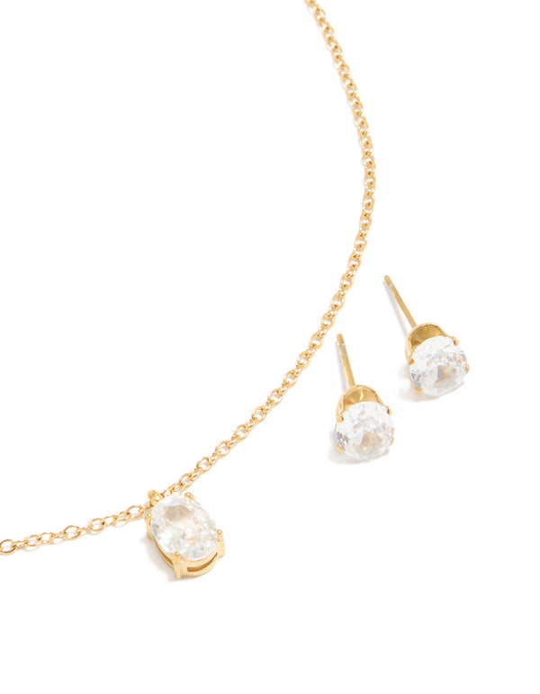 Waterproof Gold Plated Stainless Steel Cubic Zirconia Oval Necklace & Earrings Set