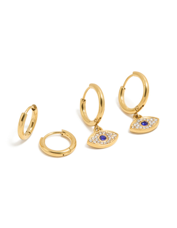 Waterproof Gold Plated Stainless Steel & Diamante Evil Eye Huggie Earrings 2-Pack