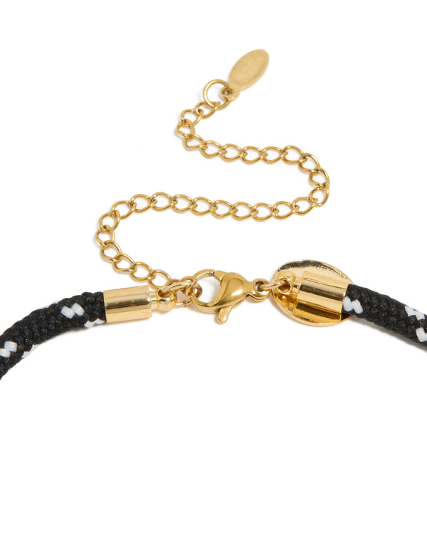 Detailed waterproof tennis necklace crafted from gold plated stainless steel with black cord in statement style clasp detail view