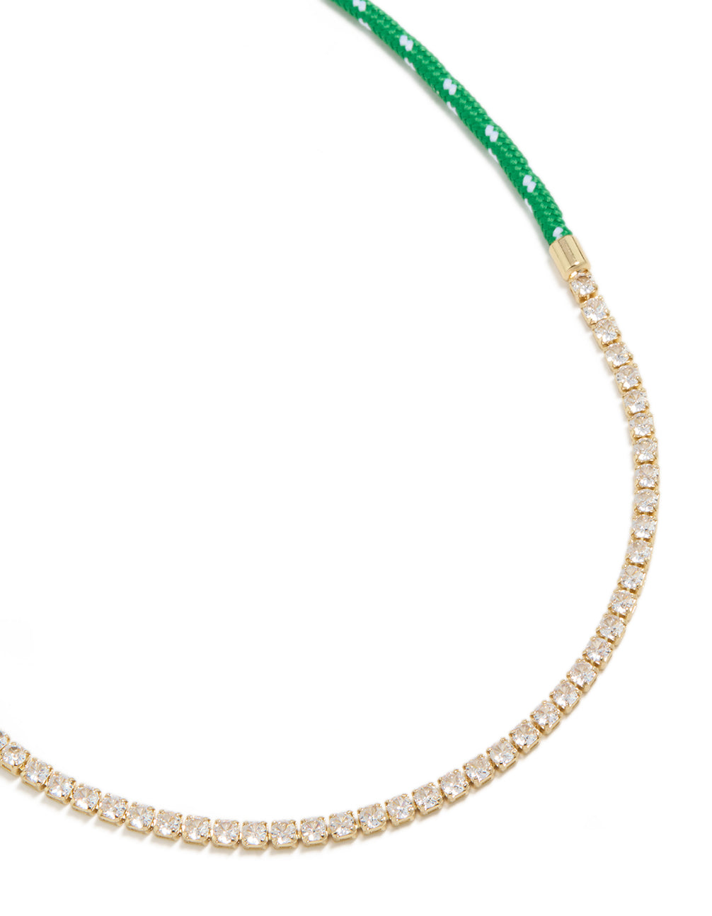 Showcasing a waterproof half tennis half green cord necklace crafted from stainless steel and gold plated in clear front view