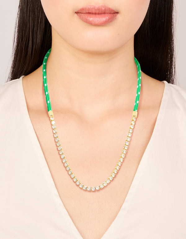 Waterproof Gold Plated Stainless Steel Half Tennis Half Green Cord Necklace