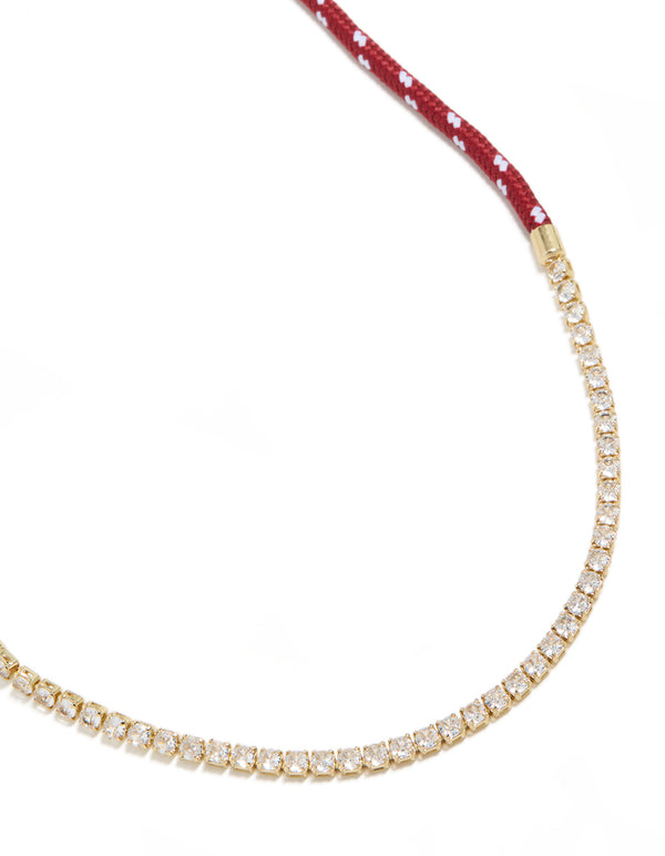 Introducing a waterproof half tennis and half burgundy cord necklace, crafted from gold plated stainless steel in a statement style close up view