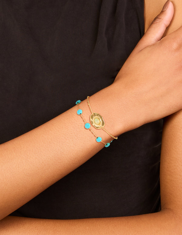 Waterproof Gold Plated Stainless Steel Disc Turquoise Semi Precious Stone & Green Stone Bracelets 2-Pack