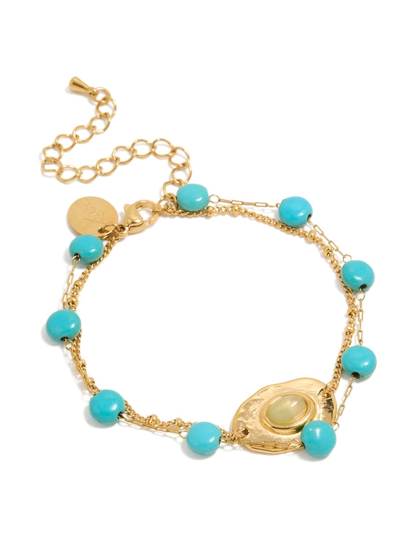 Waterproof Gold Plated Stainless Steel Disc Turquoise Semi Precious Stone & Green Stone Bracelets 2-Pack