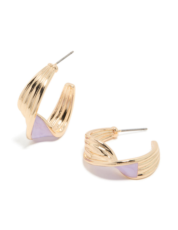 Showcasing gold lilac enamel twisted hoop earrings with floral featuring front view