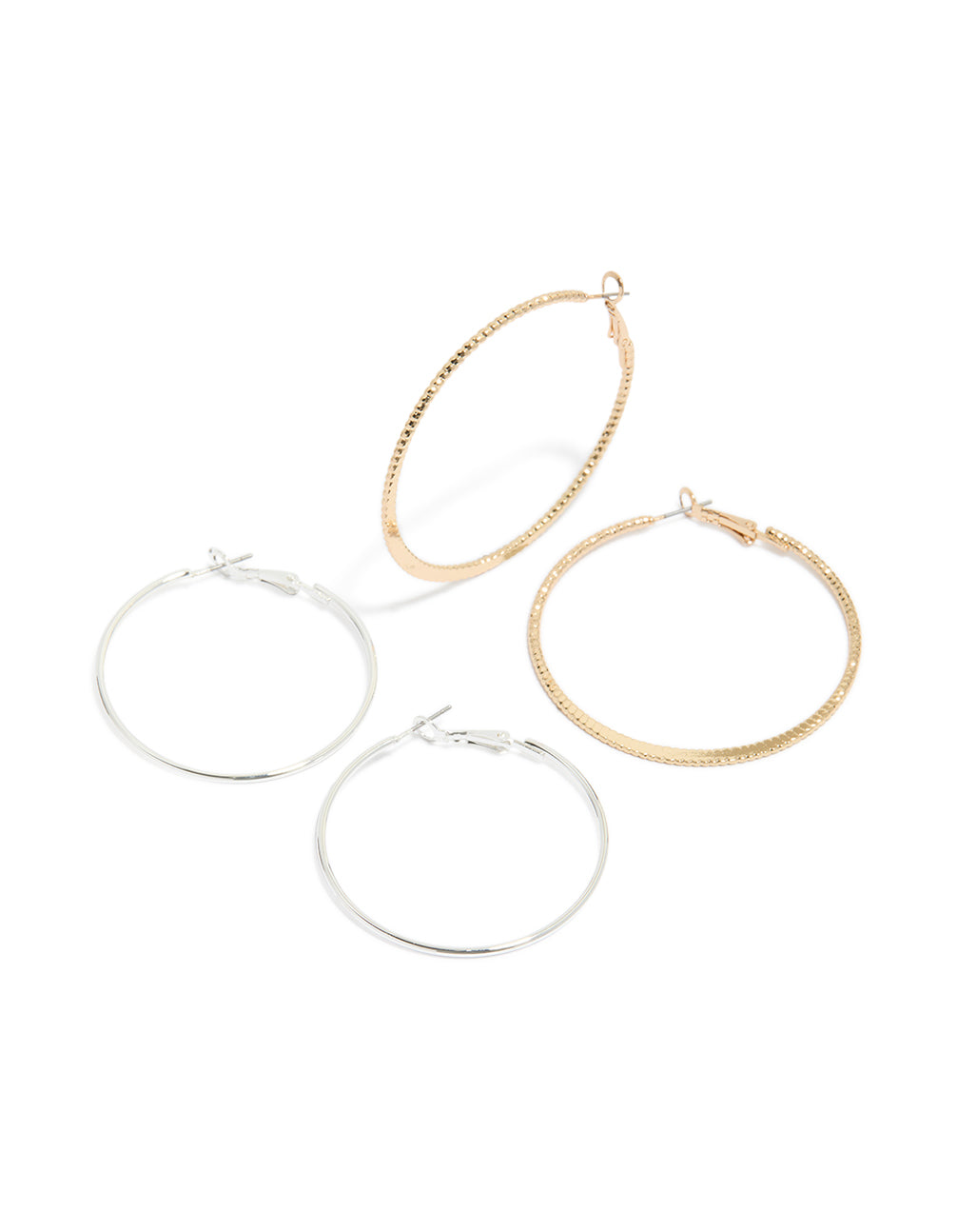 Showcasing mixed metal plain and textured hoop earrings in a 2-pack featuring gold and silver hoop closure front view