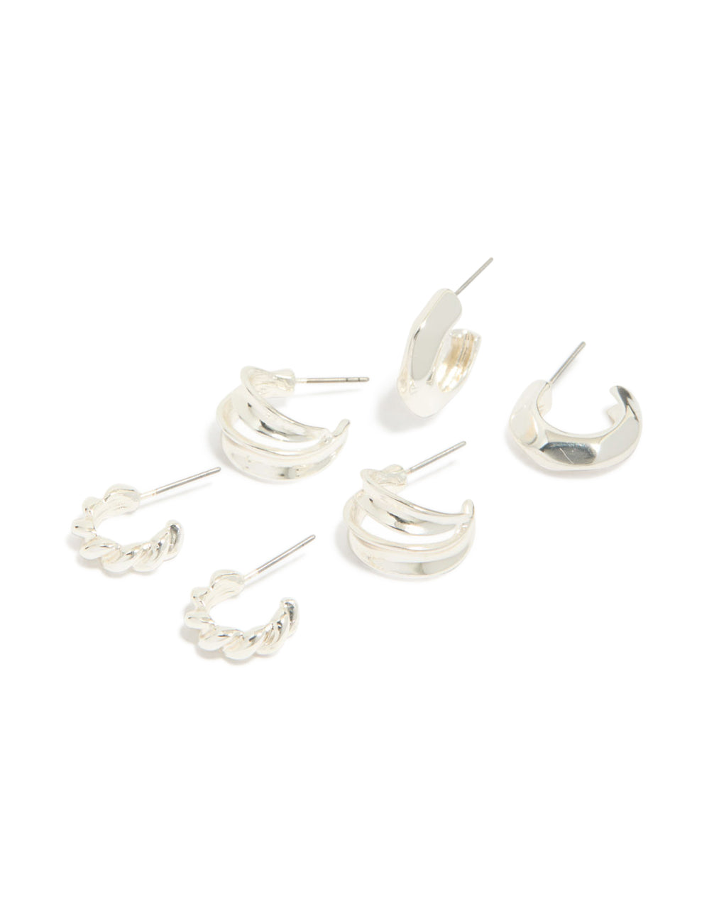 Showcasing silver chubby and textured huggie earrings in a 3-pack front view
