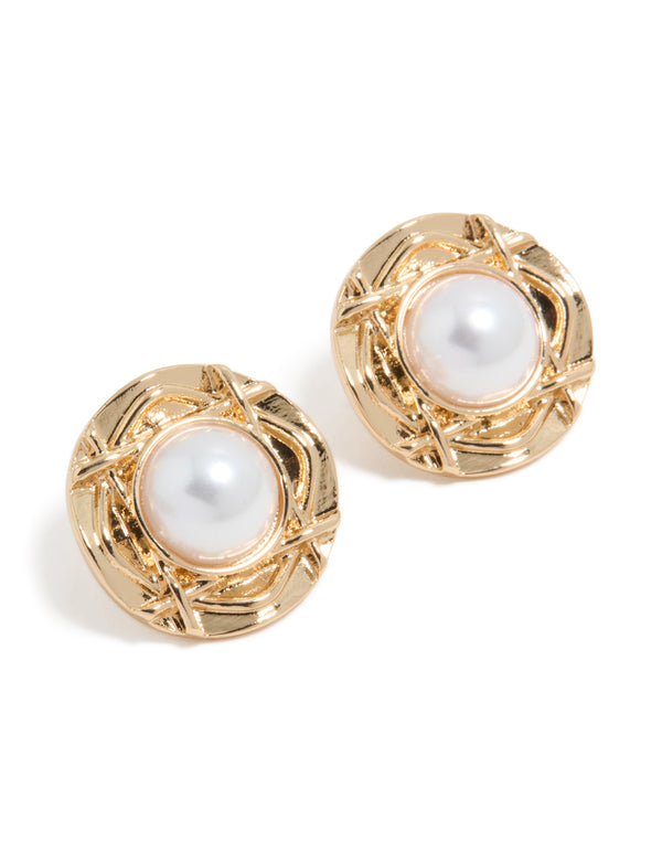 Presenting gold textured outer pearl stud earrings featuring with white accents and stud closure front view