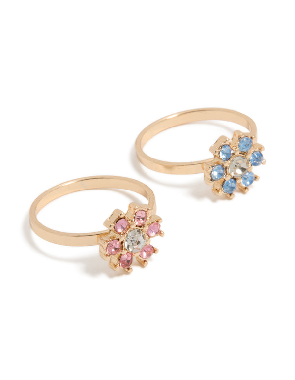 Showcasing floral statement rings in gold with pink and blue diamante flowers, 2-pack front view