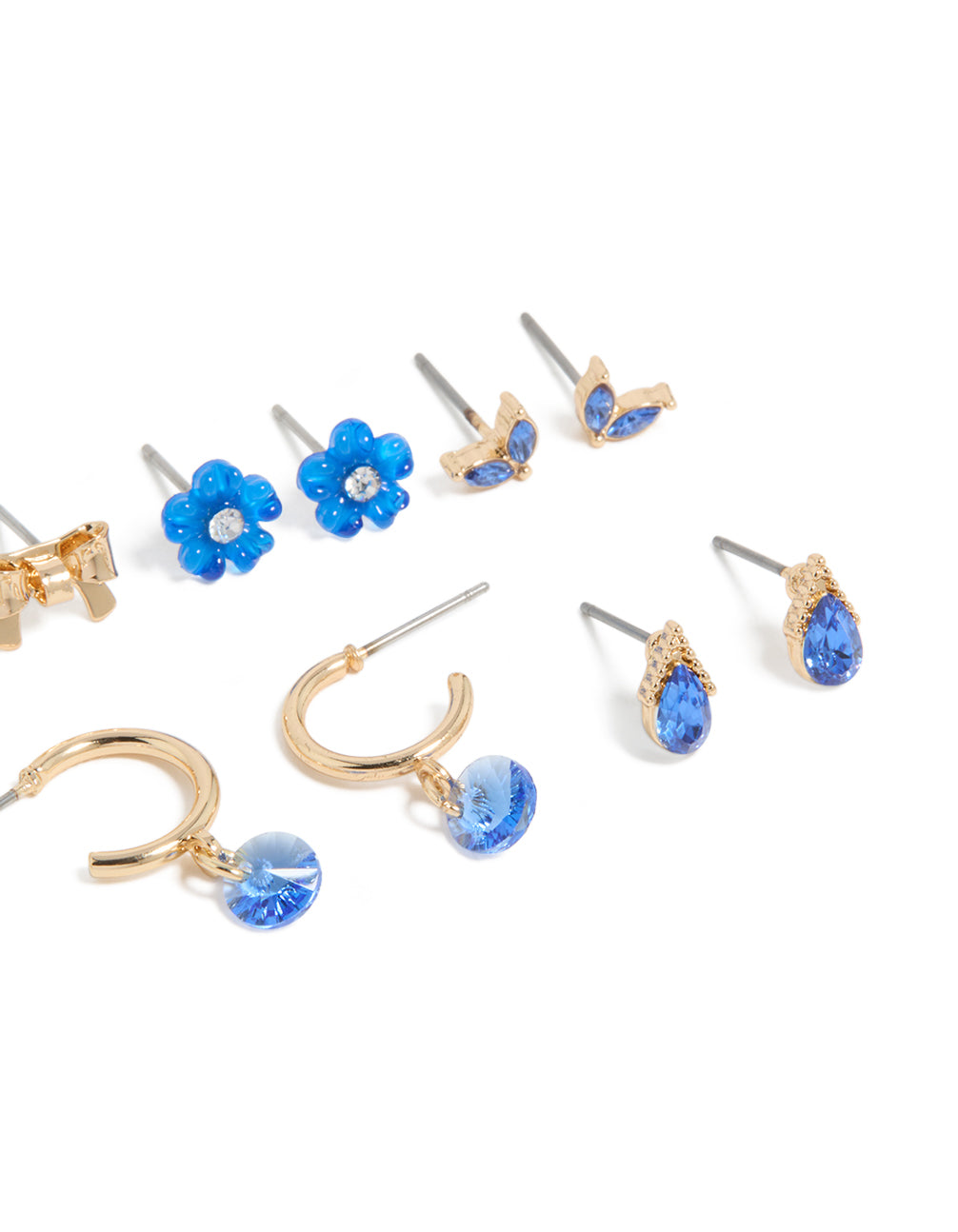 Crafted with gold blue diamante earrings 7-pack featuring flower and bow elements with huggie and stud closures post detail view