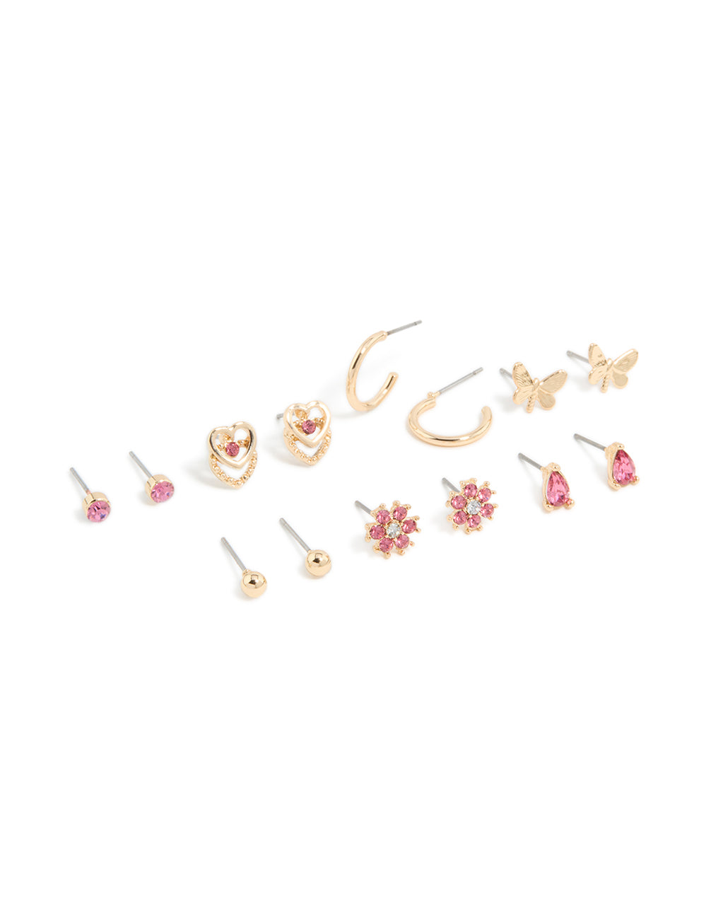 Discover this stud earrings 7-pack featuring balls, floral, butterfly, and heart designs with hot pink diamante accents in gold front view