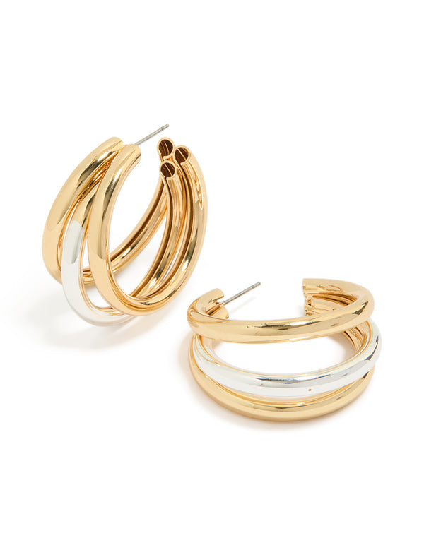 Showcasing mixed metal plated large illusion hoop earrings in dainty style with gold and silver front view