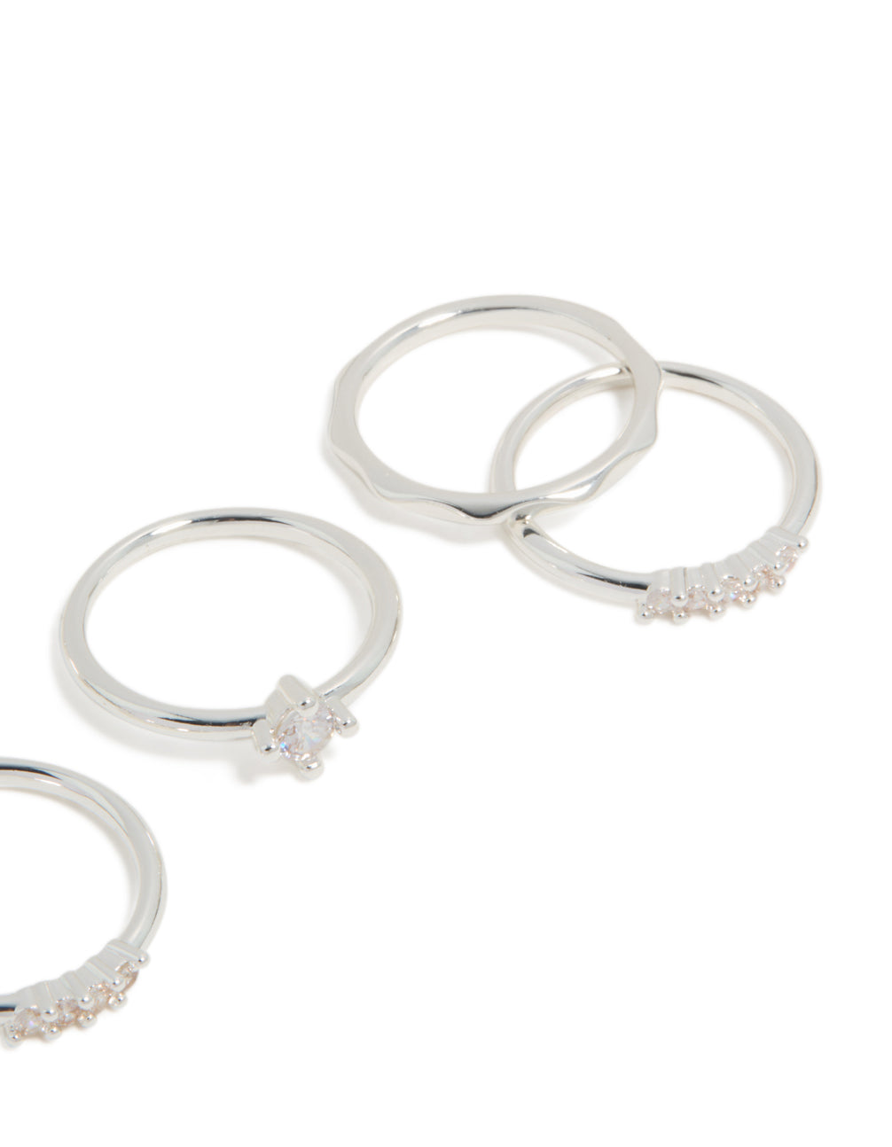Designed with silver plated wavy and cubic zirconia detail rings 5-pack featuring solitaire stone cut in crystal side detail view